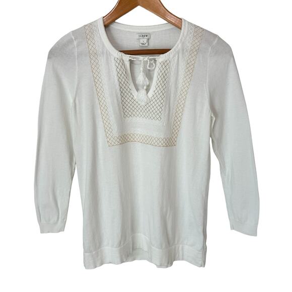 J. Crew Summer Sweater Top Size S Tassel Tie Embroidery Stitch Boho Neutral - Picture 5 of 8